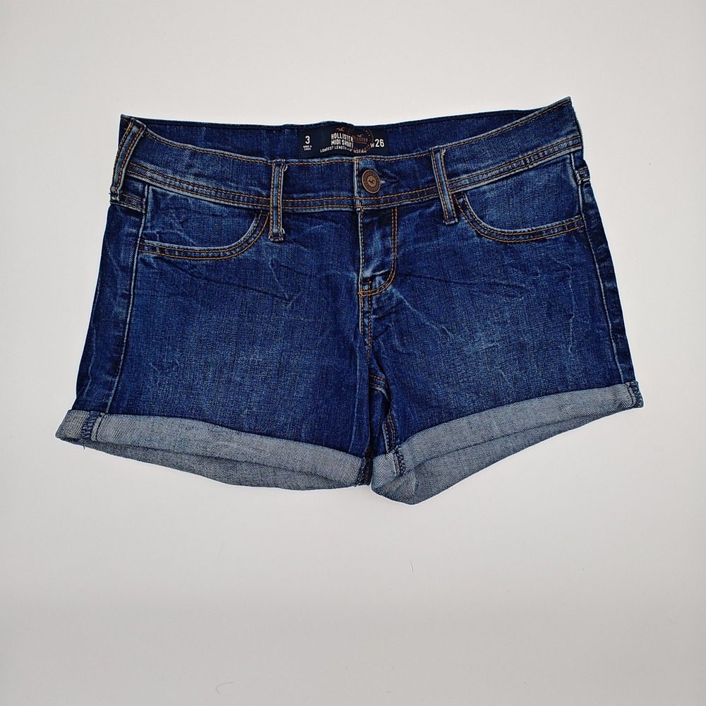 Hollister Midi Shorts Women Size 3 W26 Cuffed Denim‎ Blue Mid Rise